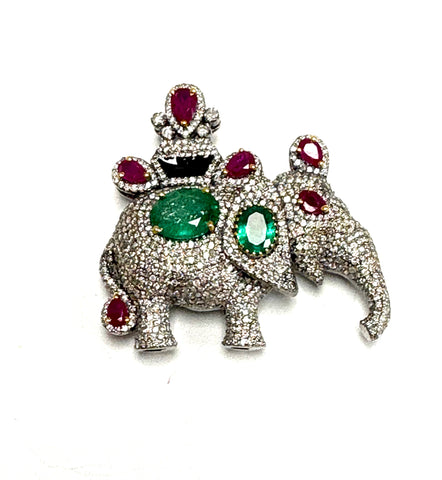 Diamond Ruby Emerald Elephant Brooch / Pendant