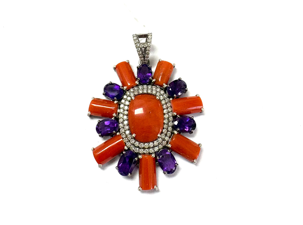 Red Coral Amethyst & Diamond Pendant