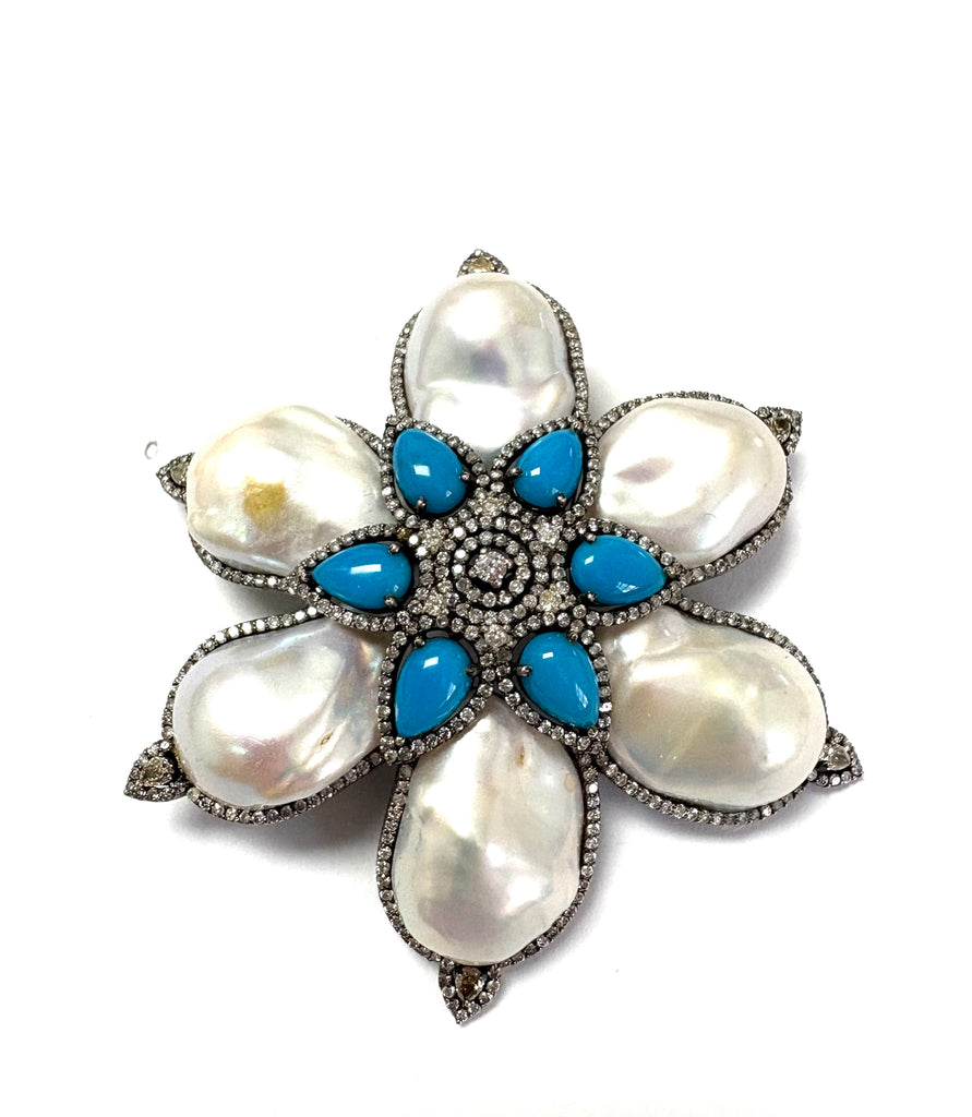 Baroque pearl Turquoise & Diamond pin / pendant. ( large )