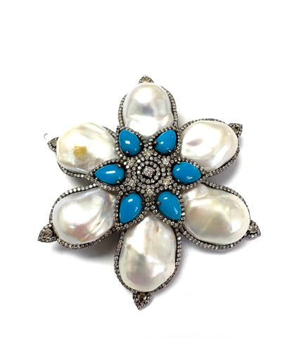 Baroque pearl Turquoise & Diamond pin / pendant. ( large )