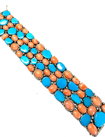 Coral , Turquoise & Diamond Bracelet