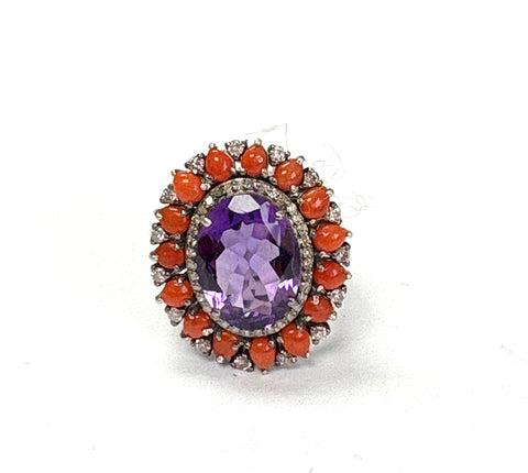 Amethyst Red coral &diamond Ring
