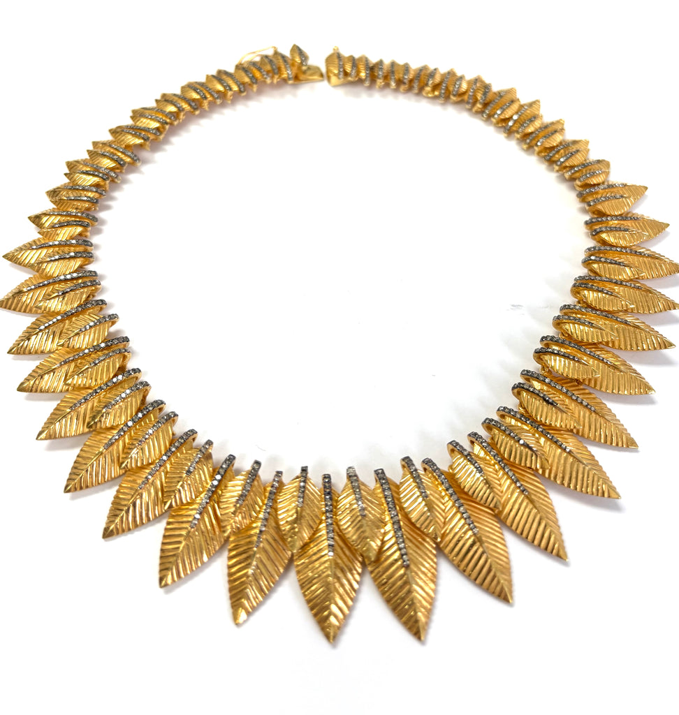 Gold Vermeil Leaf Necklace with Diamonds