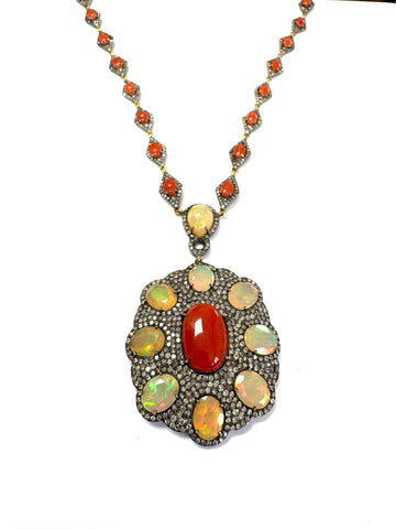 Red Coral Opal and Diamond Necklace