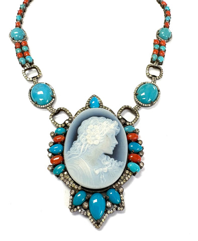 Cameo Necklace with diamonds turquoise and coral