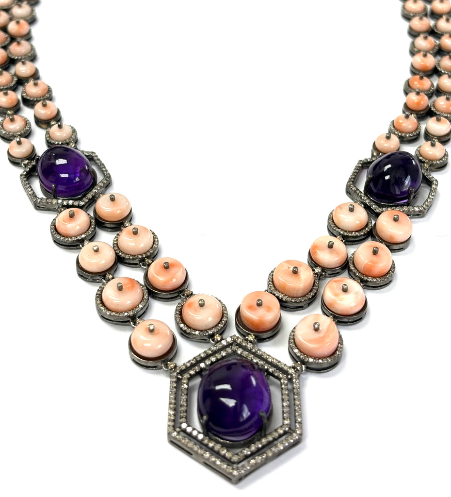 Amethyst , Carved Coral & Diamond Necklace