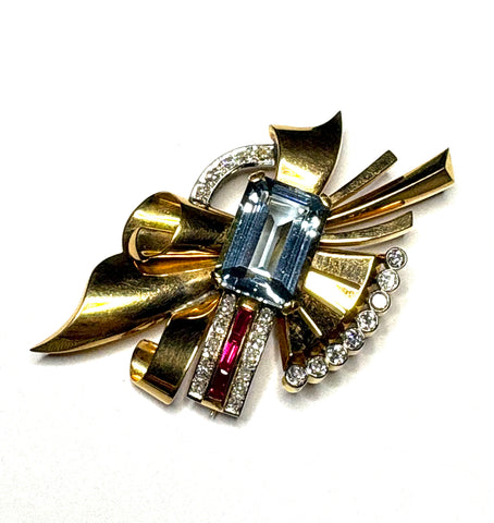 Aquamarine Diamond & Ruby Vintage  Brooch Circa 1940s