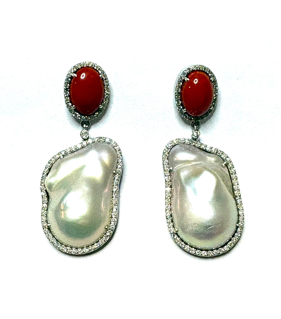 Red coral ,Baroque pearl & Diamond Earrings