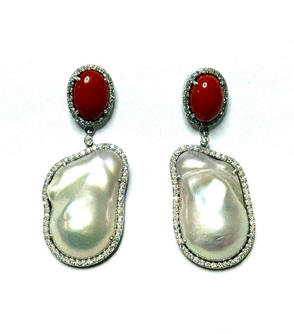 Red coral ,Baroque pearl & Diamond Earrings