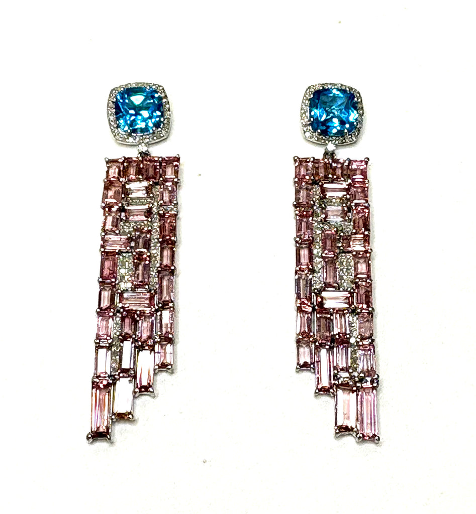 Pink Tourmaline Blue Topaz & Diamond Earrings