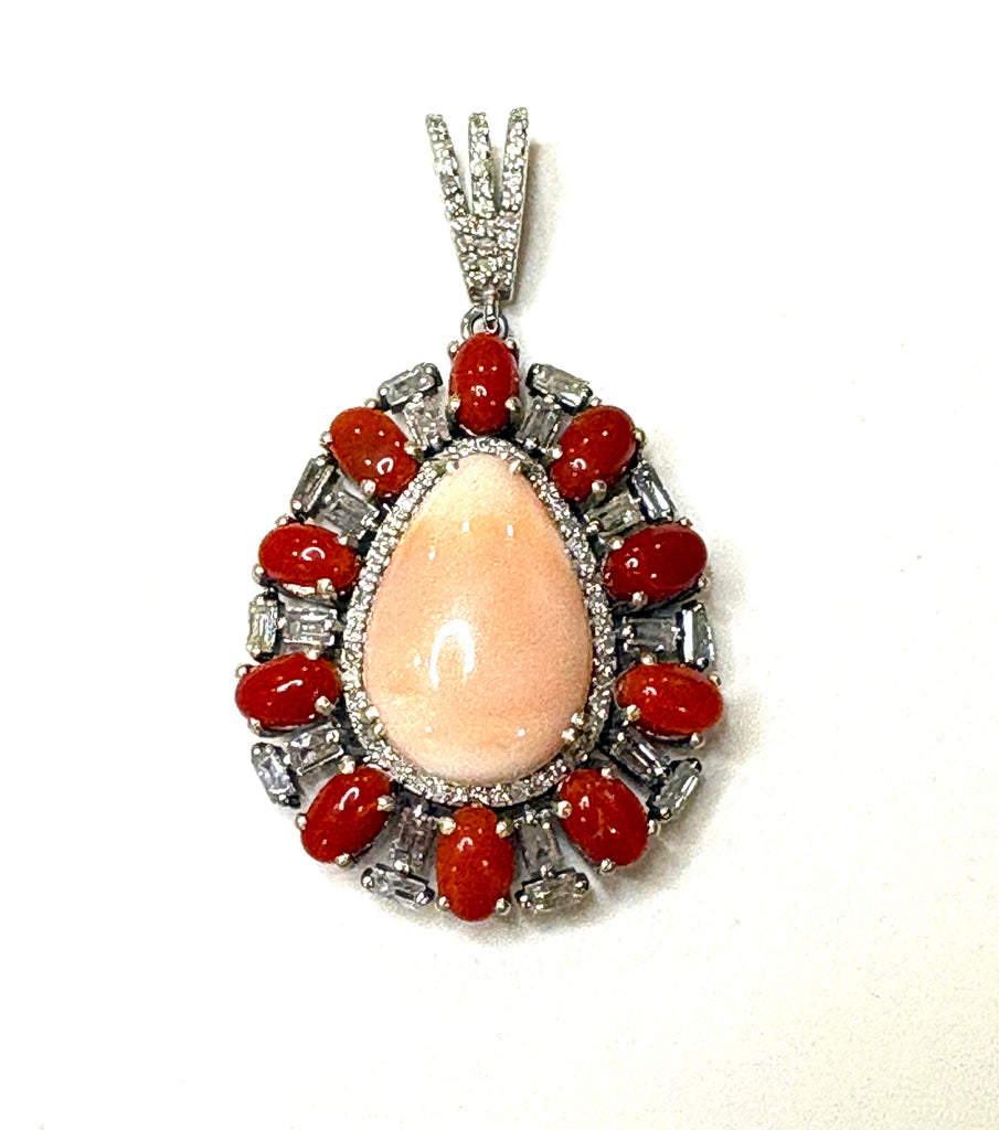 Red & Pink coral pendant with Diamonds