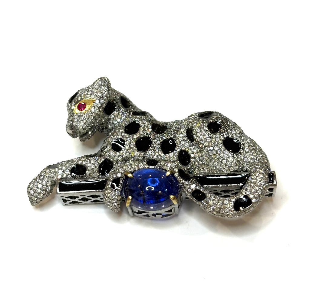 Diamond Tanzanite Panther with Black enamel