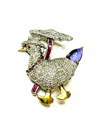 Diamond Ruby and Tanzanite Duck pin