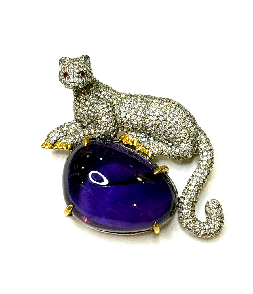 Diamond Cat on a Amethyst Cabochon Stone