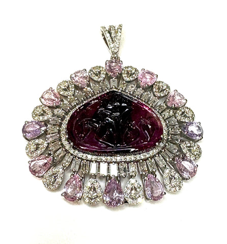 Carved Rubellite surrounded by Pink sapphires and Diamonds Pendant