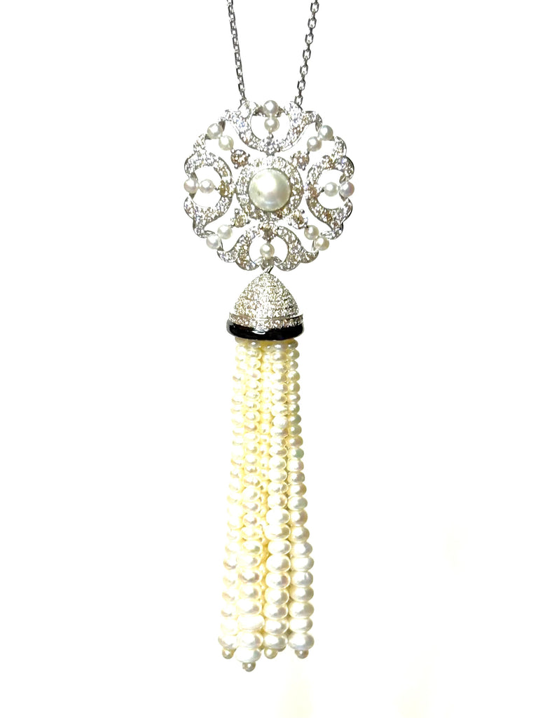 Diamond Pearl and Black enamel Tassel Pendant