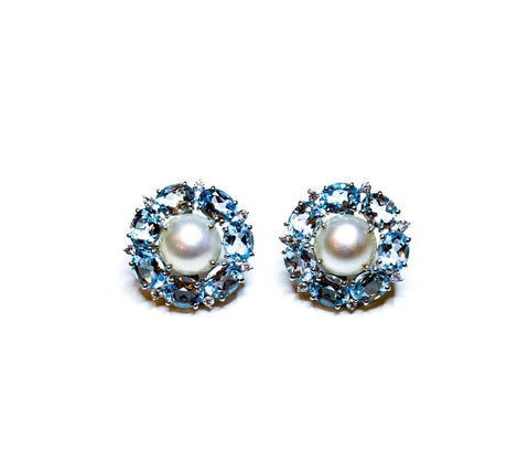 Blue Topaz Diamond and Mabe Pearl Earrings