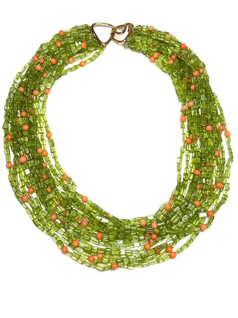 Peridot and Angel skin coral Multi Strand Necklace