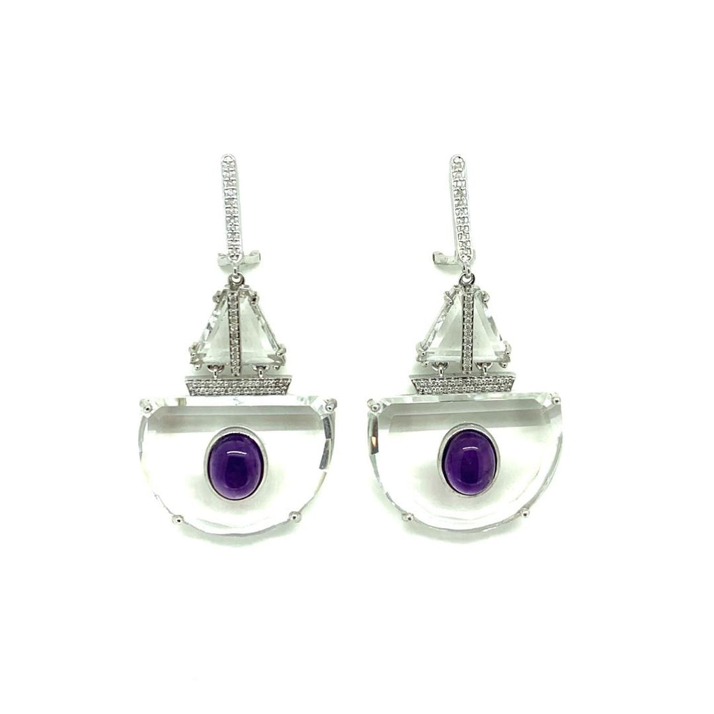 Crystal Sail Boat Earrings , with Amethyst and Diamonds