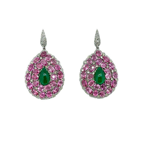 Cabochon Emerald Pink Sapphire and Diamond Earrings