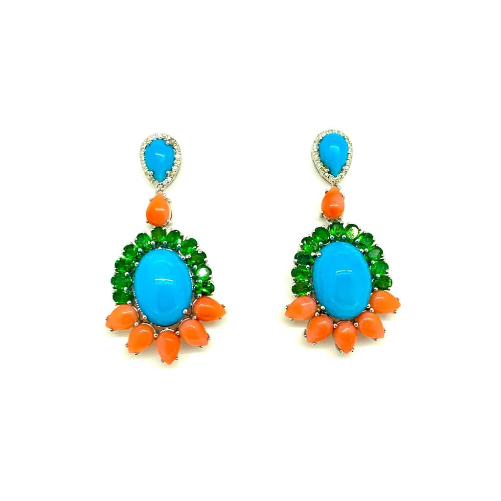 Turquoise Coral Tsavorite and Diamond Earrings