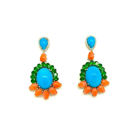 Turquoise Coral Tsavorite and Diamond Earrings