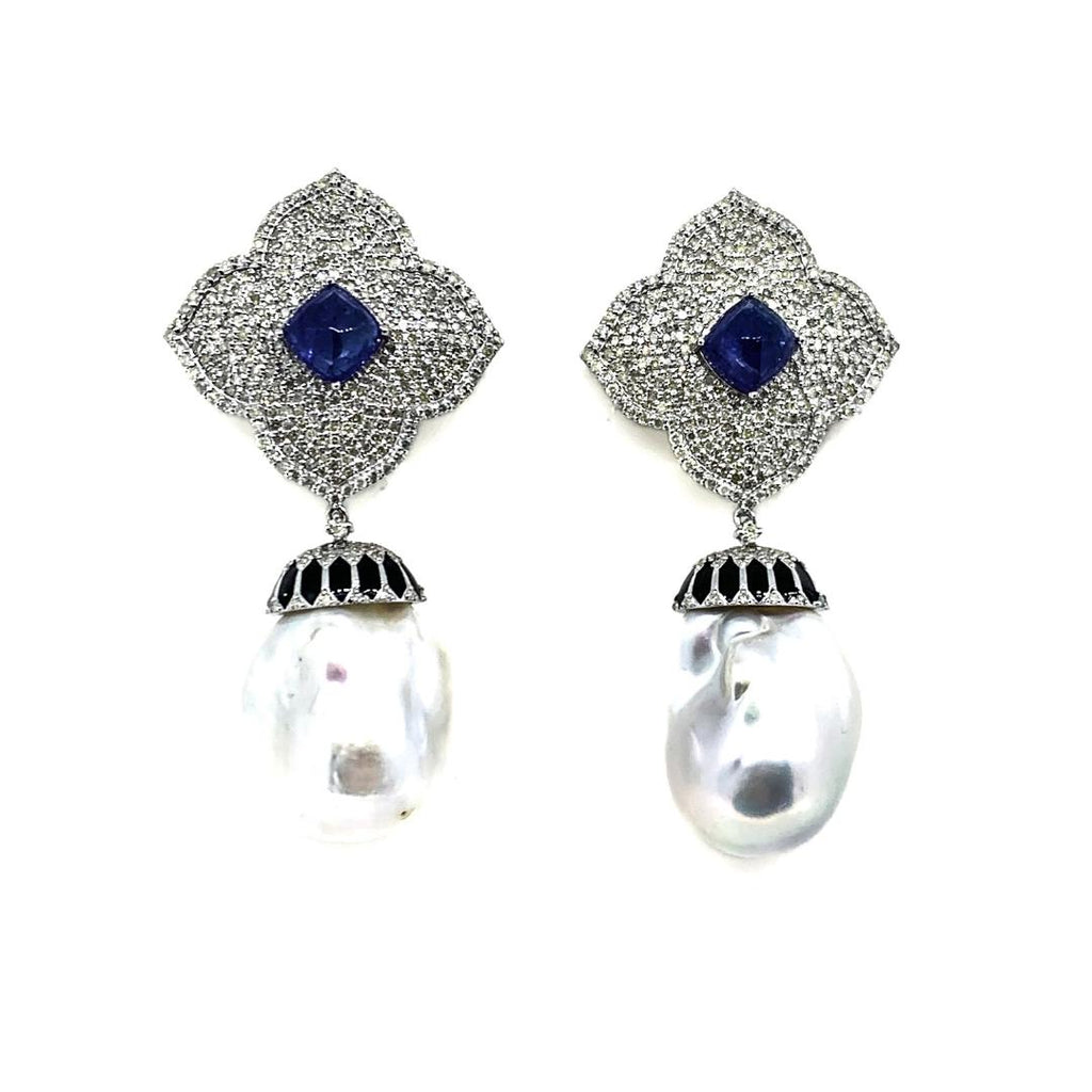 Tanzanite .Diamond and Baroque Pearl Earrings