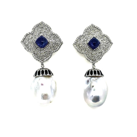 Tanzanite .Diamond and Baroque Pearl Earrings