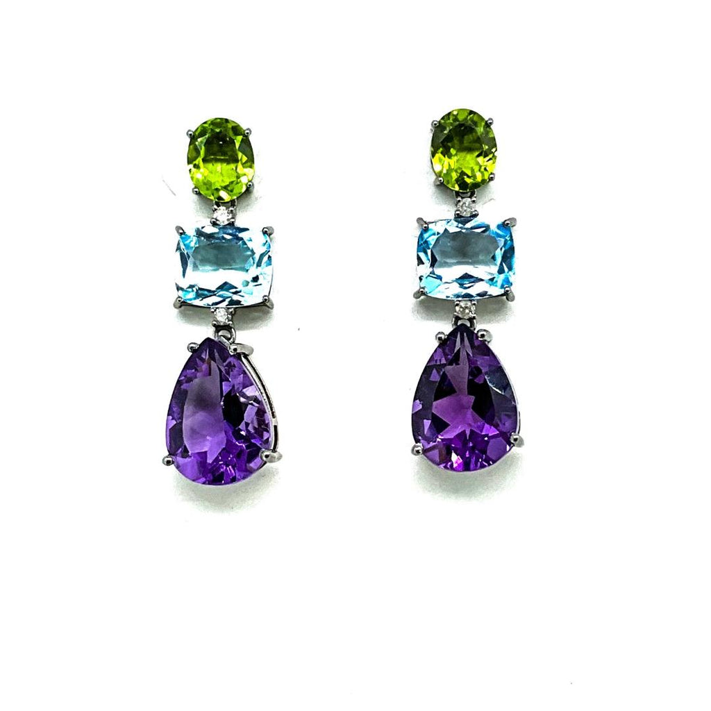Amethyst , Peridot ,Blue Topaz and Diamond Earrings