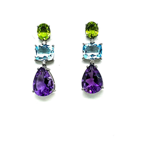 Amethyst , Peridot ,Blue Topaz and Diamond Earrings