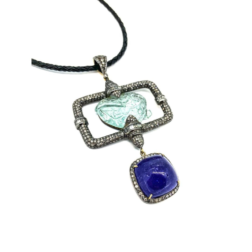 Tanzanite Carved Aquamarine and Diamond Pendant