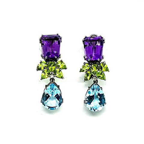 Amethyst ,Peridot ,Blue Topaz and Diamond Earrings