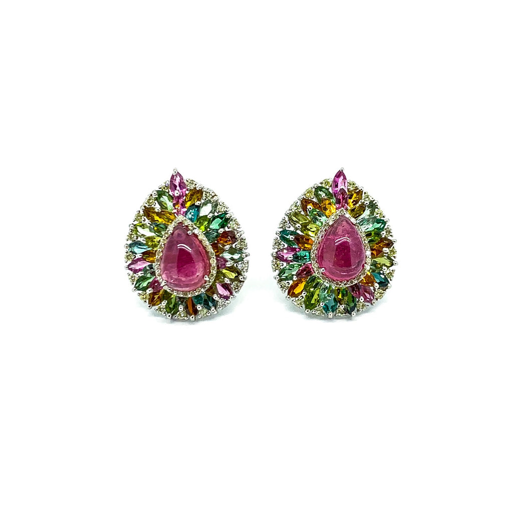 Pink and Green Tourmaline Earrings Surrounded by Diamonds