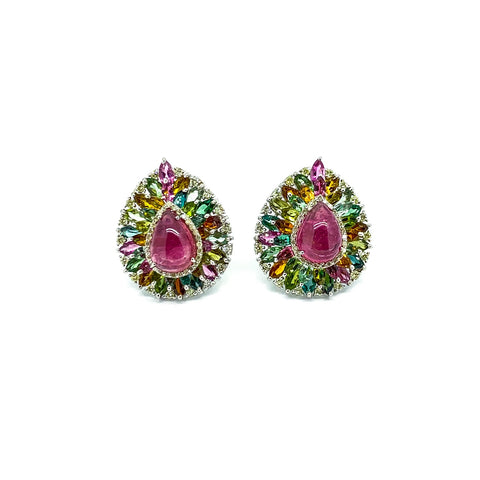 Pink and Green Tourmaline Earrings Surrounded by Diamonds