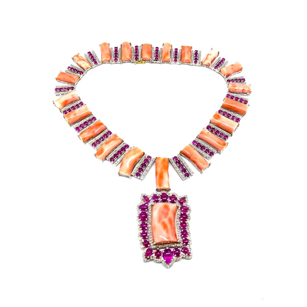 Coral Pink Tourmaline and Diamond Statement Necklace
