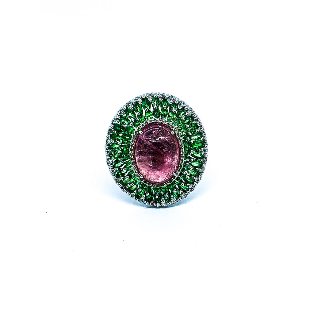 Pink Tourmaline Tsavorite and Diamond  Statement Ring