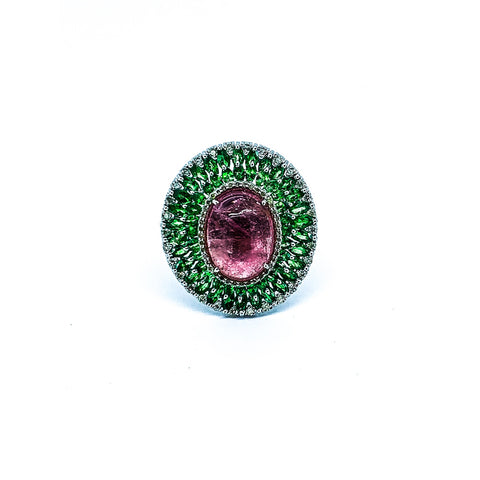 Pink Tourmaline Tsavorite and Diamond  Statement Ring