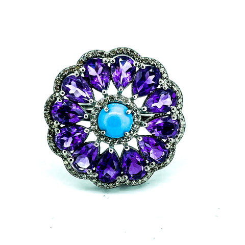 Amethyst, Turquoise, and Diamond Ring