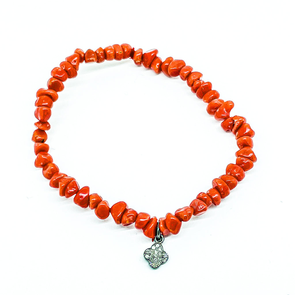 Red coral nugget and diamond clover stretch  bracelet