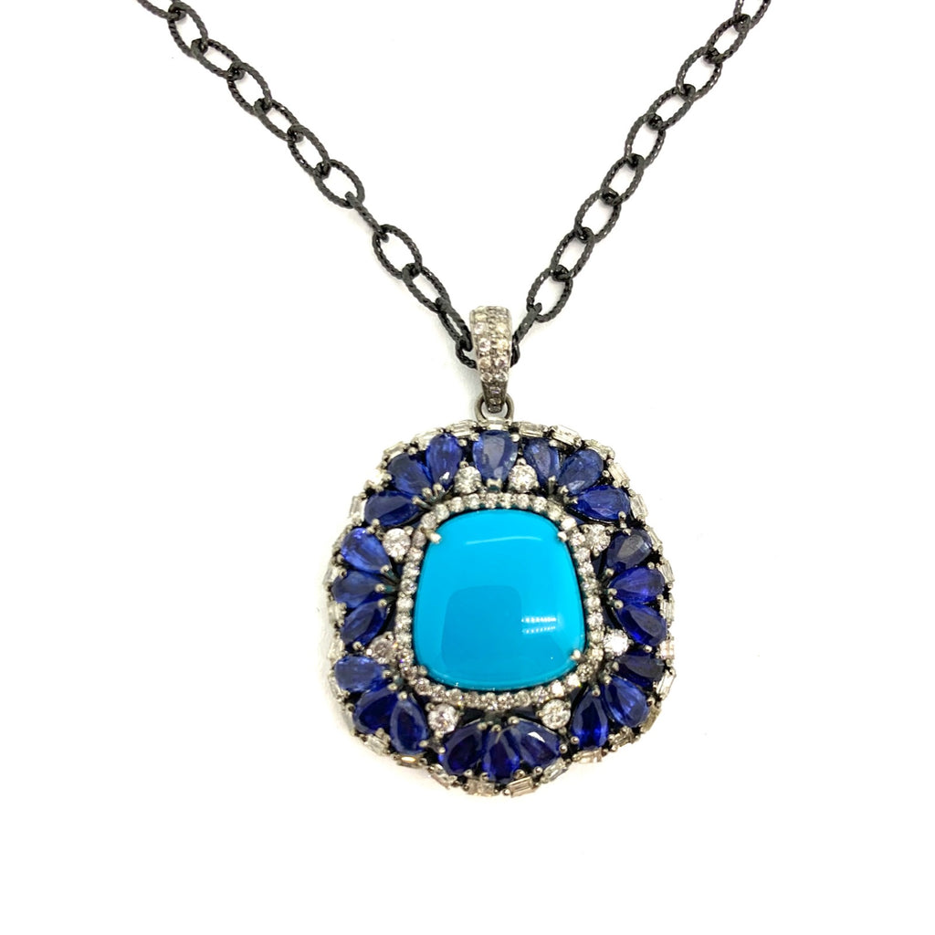 Turquoise Kyanite and Diamond Pendant
