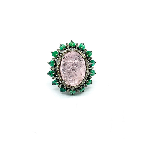 Carved Morganite emerald and Diamond Ring