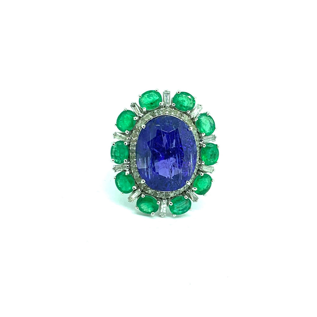 Tanzanite Diamond and Emerald Statement Ring