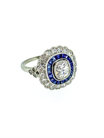 Vintage Cushion Cut Diamond and Sapphire Ring