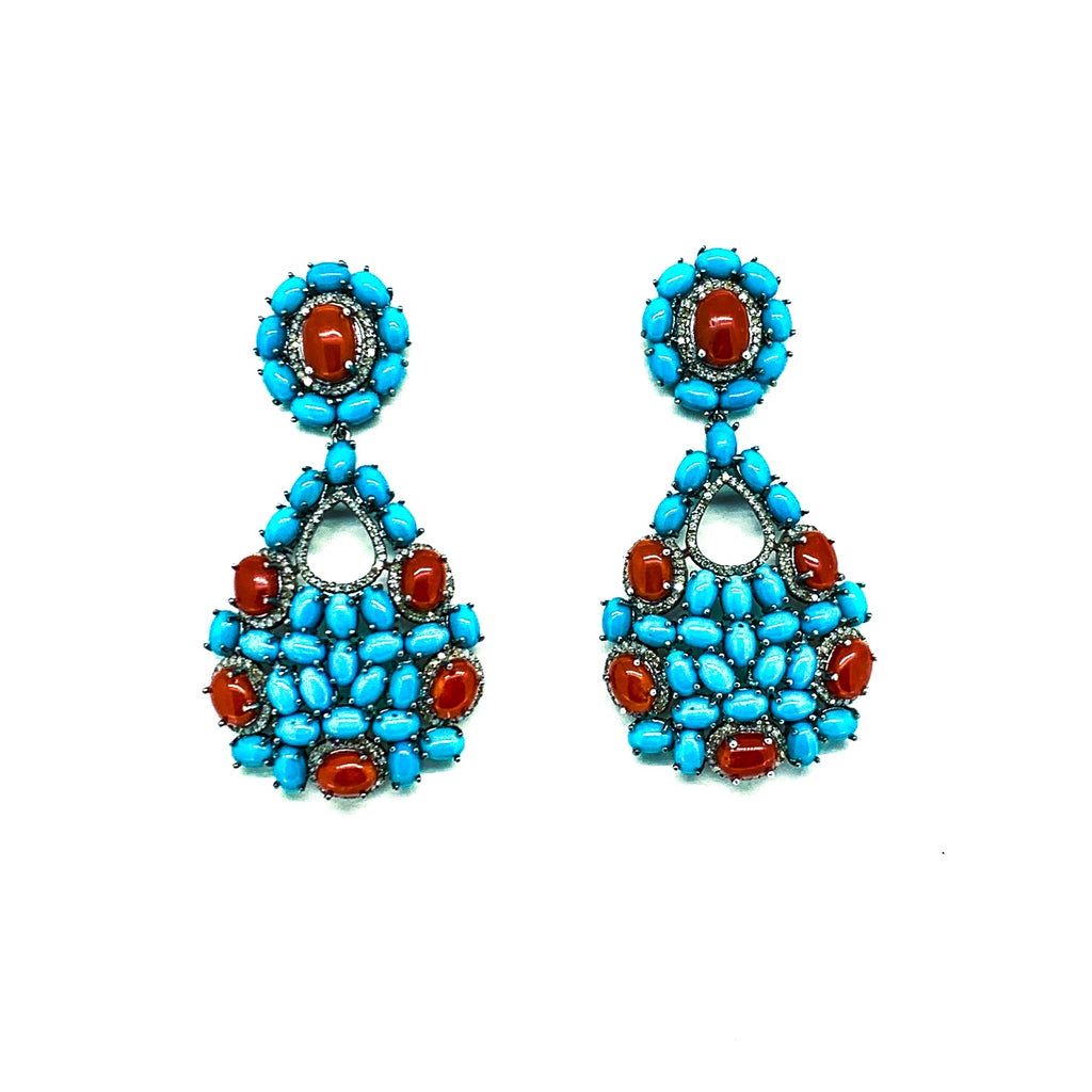 Turquoise Coral and Diamond Earrings
