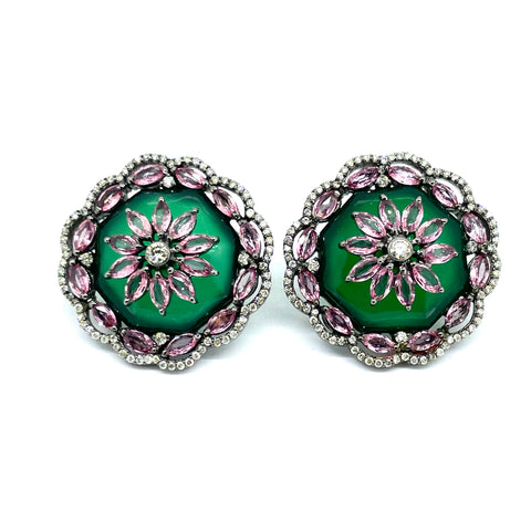 Diamond, Pink Sapphire and Green Onyx Gemstone Earrings