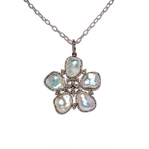 Baroque Pearl Flower and Diamond Pendant
