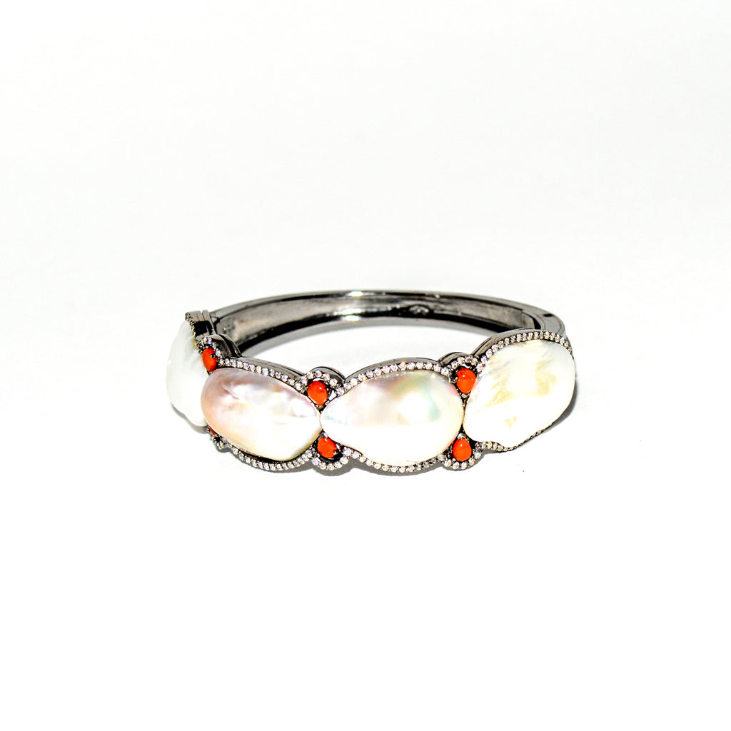 Baroque Pearl Coral and Diamond Bangle Bracelet