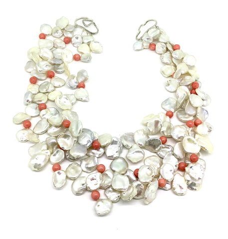 Three Strand Leaf Pearl, Coral Bead Necklace