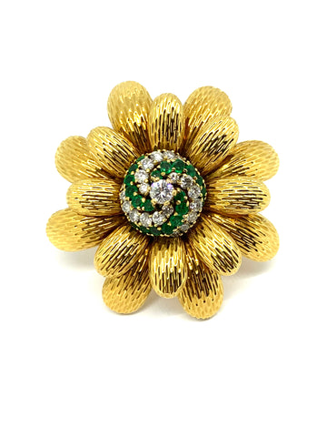 Emerald Diamond Flower Pin