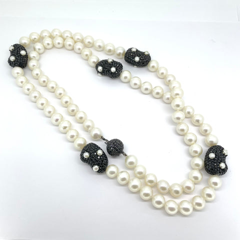 Pearl Necklace with Five Black Spinel and Pearl Accents